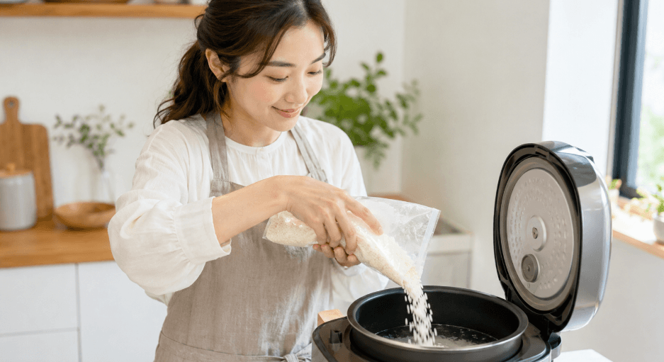 無洗米を炊飯器の内釜に入れて炊飯準備をする女性