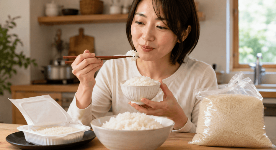 つや姫のパックご飯を試して袋入り米の購入を検討する女性