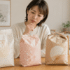 色やデザインが異なるつや姫の米袋を見比べる女性