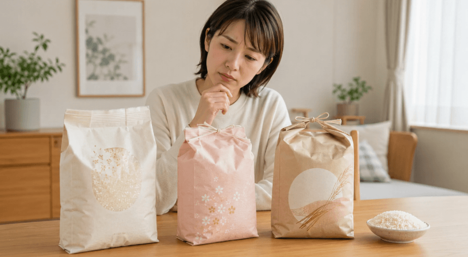 色やデザインが異なるつや姫の米袋を見比べる女性