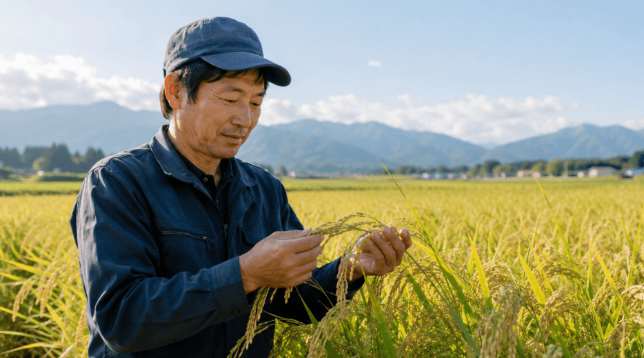 つや姫の味に影響する栽培環境をイメージした田んぼで稲穂を確認する農家
