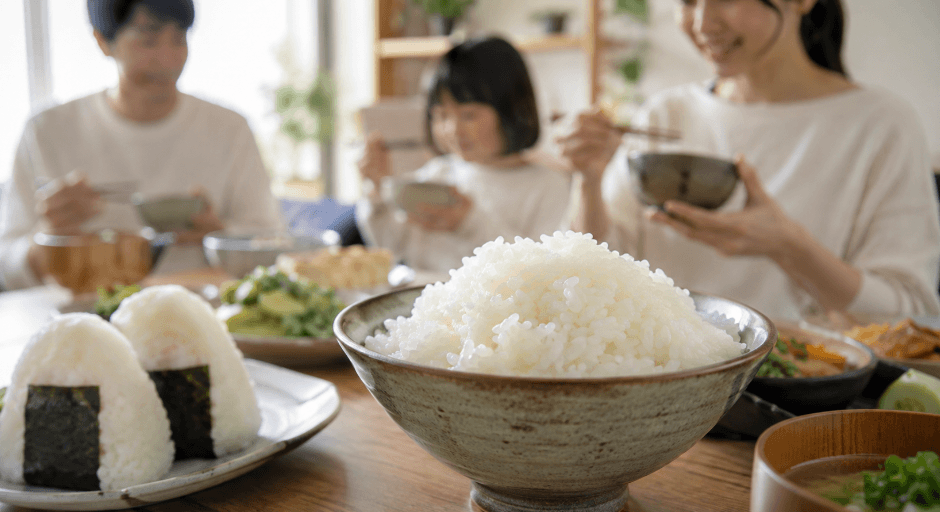 つややかに炊き上がった白ご飯とおにぎりを楽しむ家族の食卓