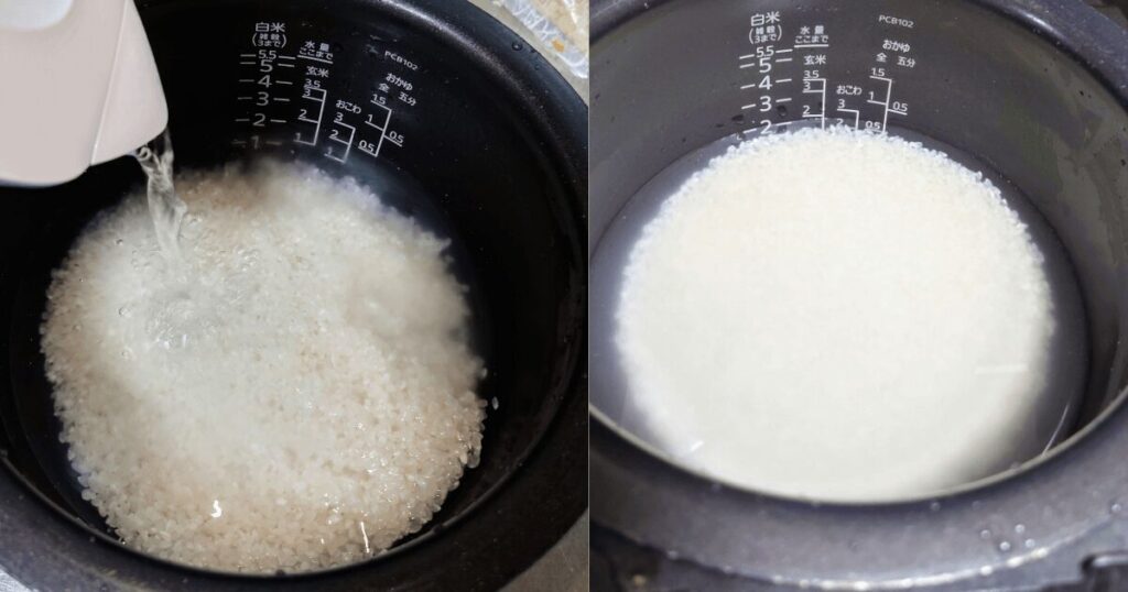 タイガー炊飯器の内釜でつや姫を洗米して浸水する様子