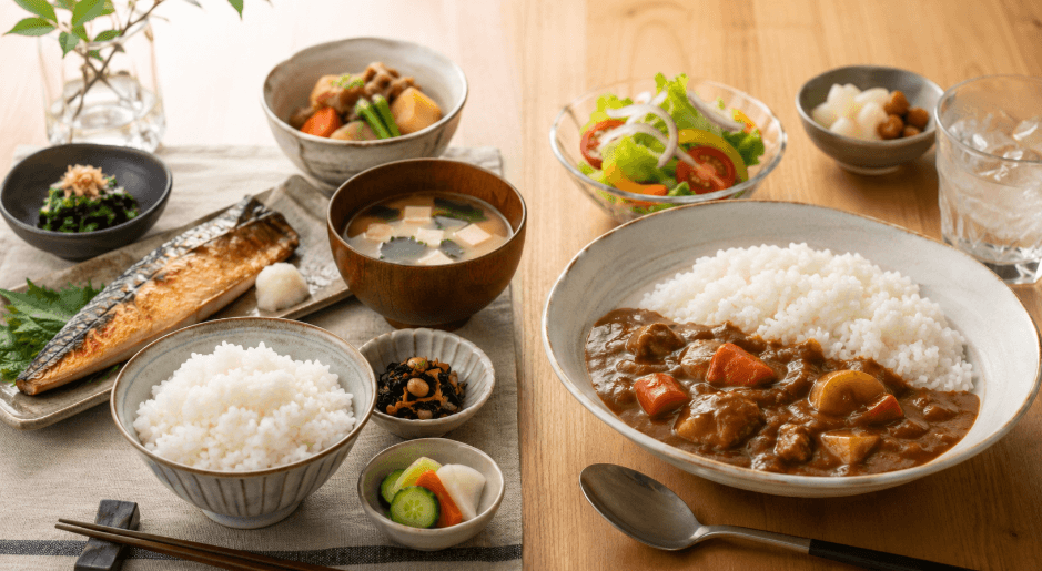 つや姫と青天の霹靂を和食やカレーに合わせる食べ方のイメージ