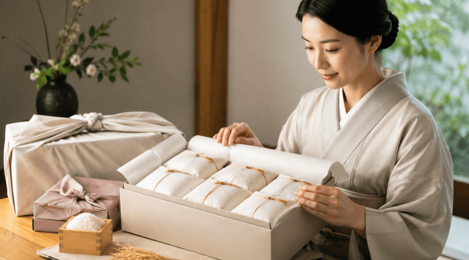 内祝い向けの化粧箱入りお米ギフトを準備する女性