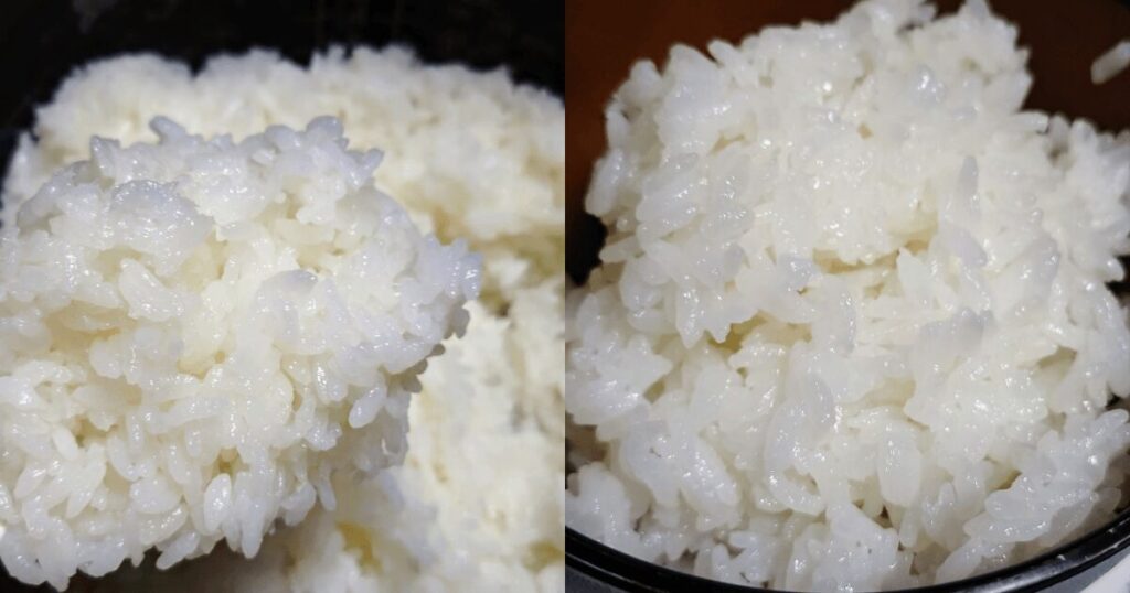 しゃもじですくった炊きたての雪若丸とつやのあるご飯粒