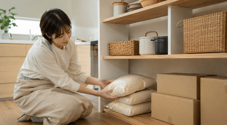 雪若丸の定期便で届いたお米を収納する女性