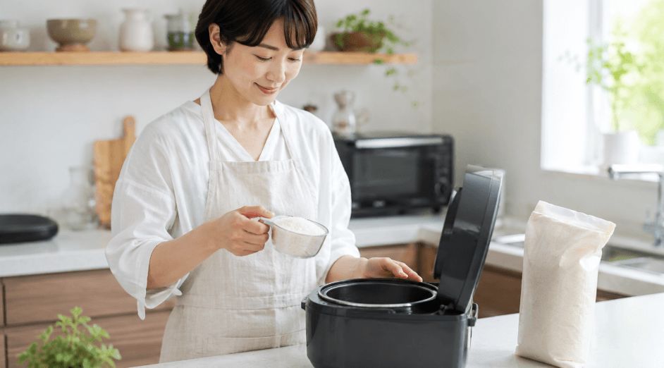 雪若丸の無洗米を炊飯器で手軽に準備する女性