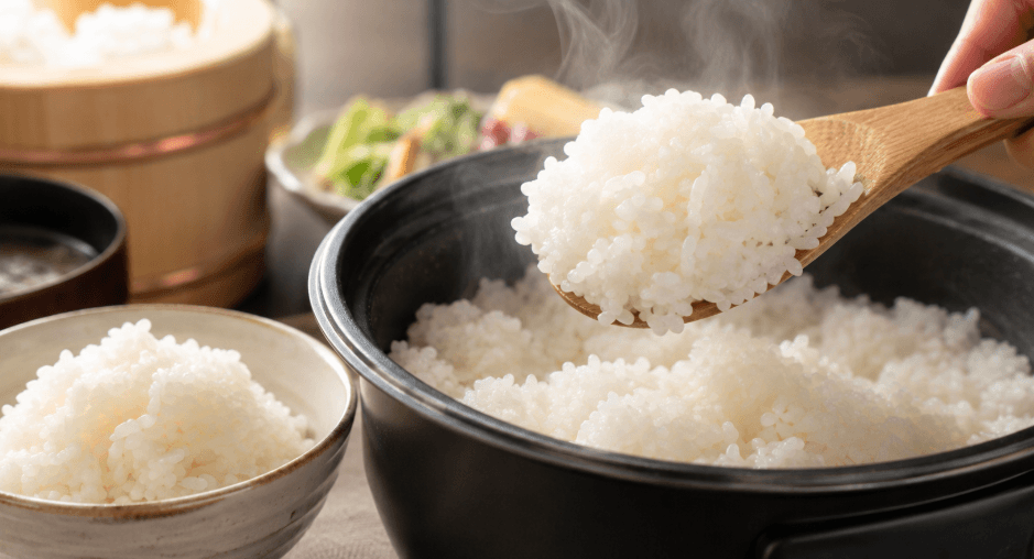 炊きたての雪若丸をしゃもじですくったつやのある白いご飯のイメージ