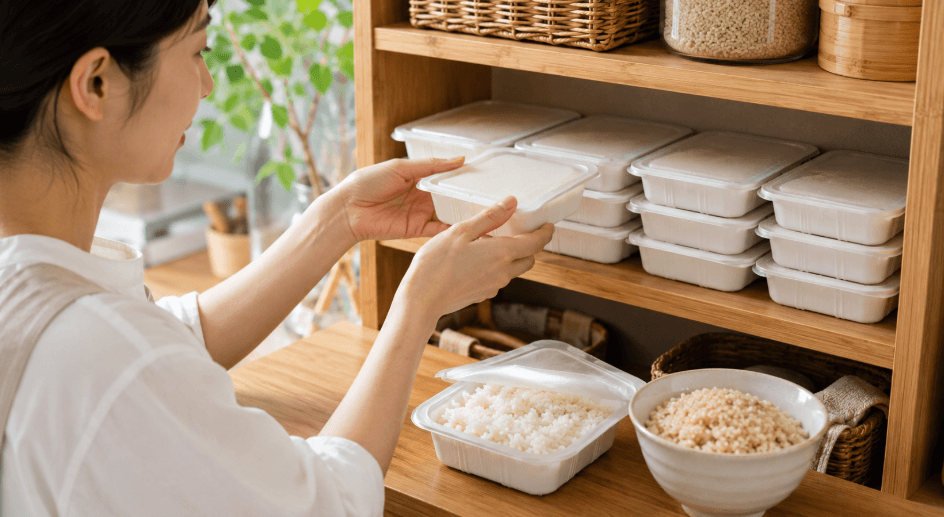 雪若丸パックご飯を棚に備蓄してローリングストックする様子