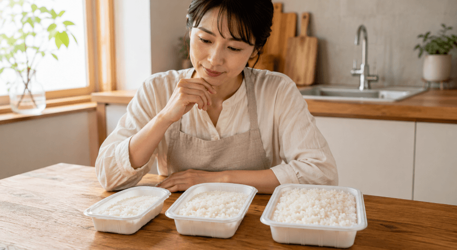 雪若丸パックご飯の食事量に合う容量を比較する女性
