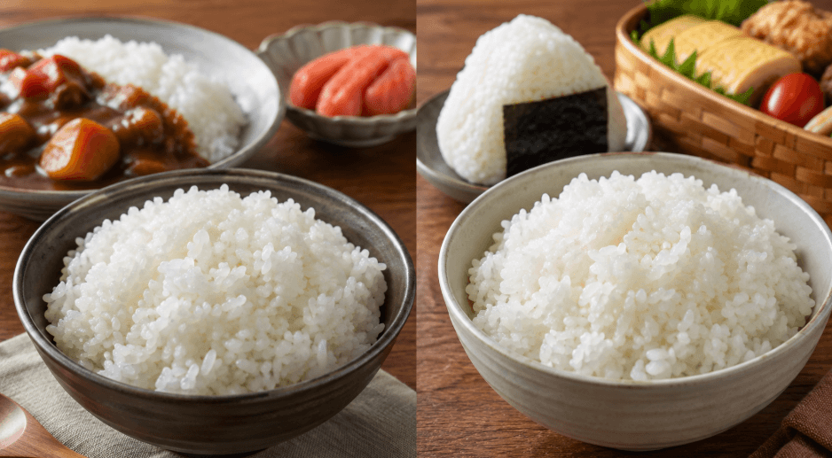 雪若丸と新之助の食感や料理との相性を比較する白ご飯とカレー・おにぎり