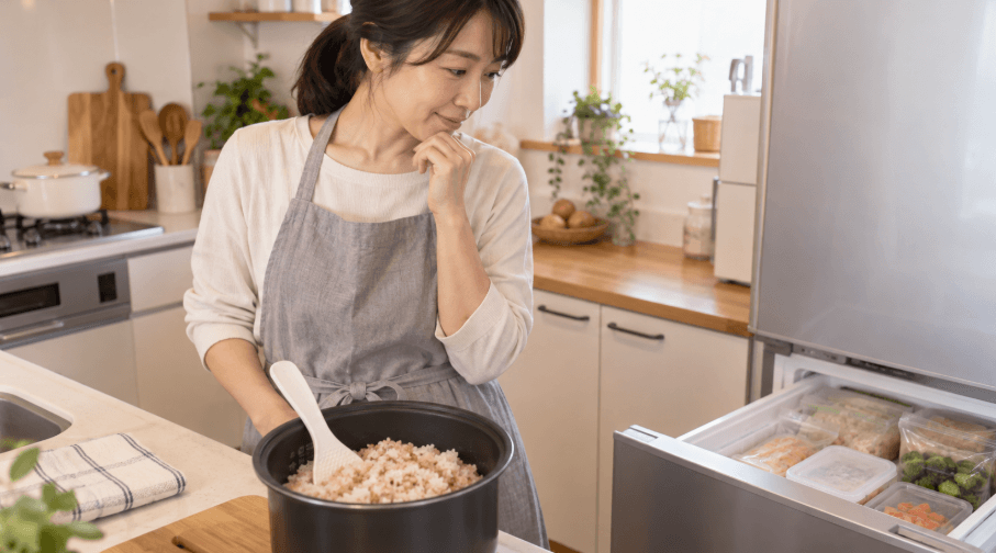 炊いた玄米入りご飯を冷凍保存しようとする女性