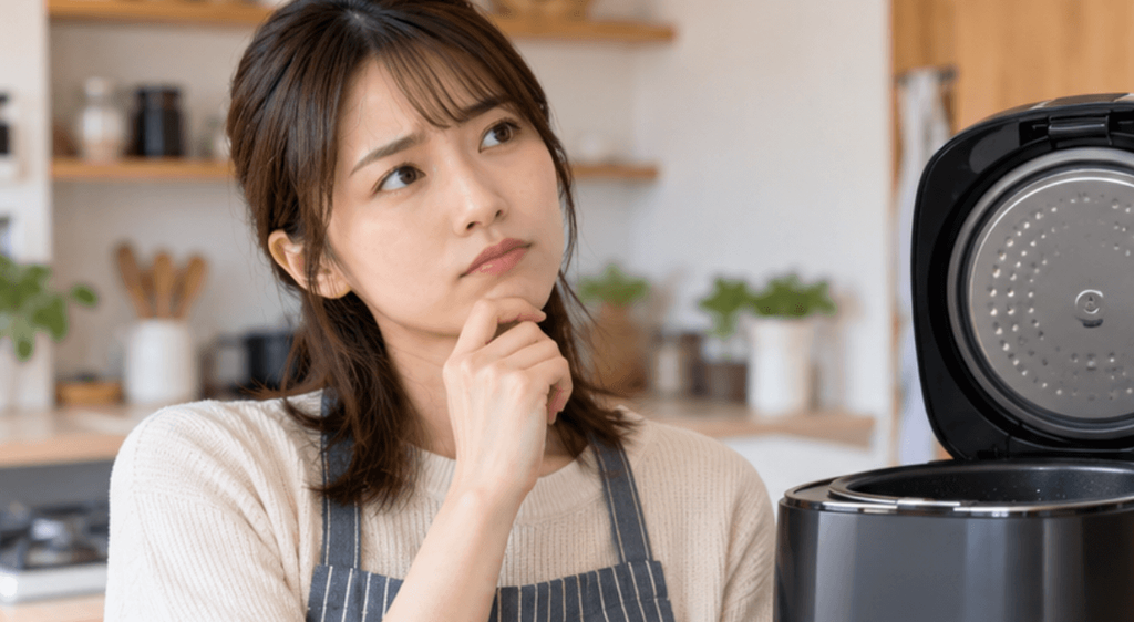 玄米を普通の炊飯器で炊けるか確認する女性