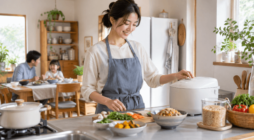 炊飯器で玄米を炊きながら料理をする女性