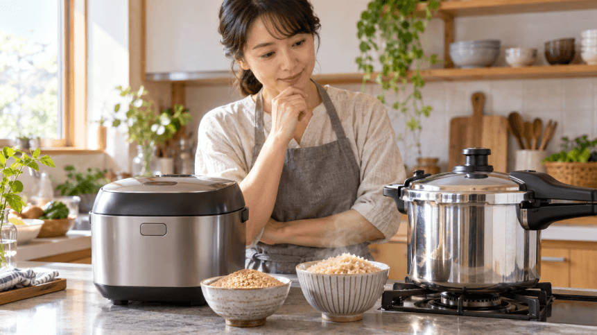玄米を炊く炊飯器と圧力鍋を比較する女性