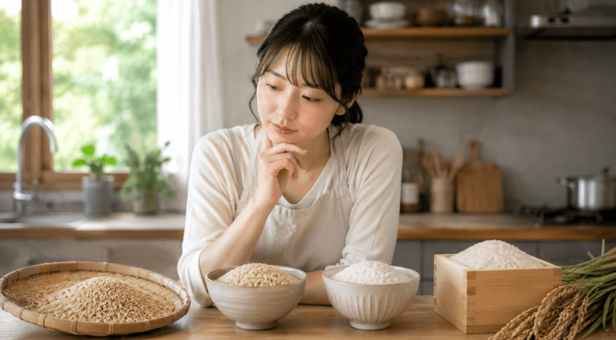 玄米と白米を見比べながら精米するか考える女性