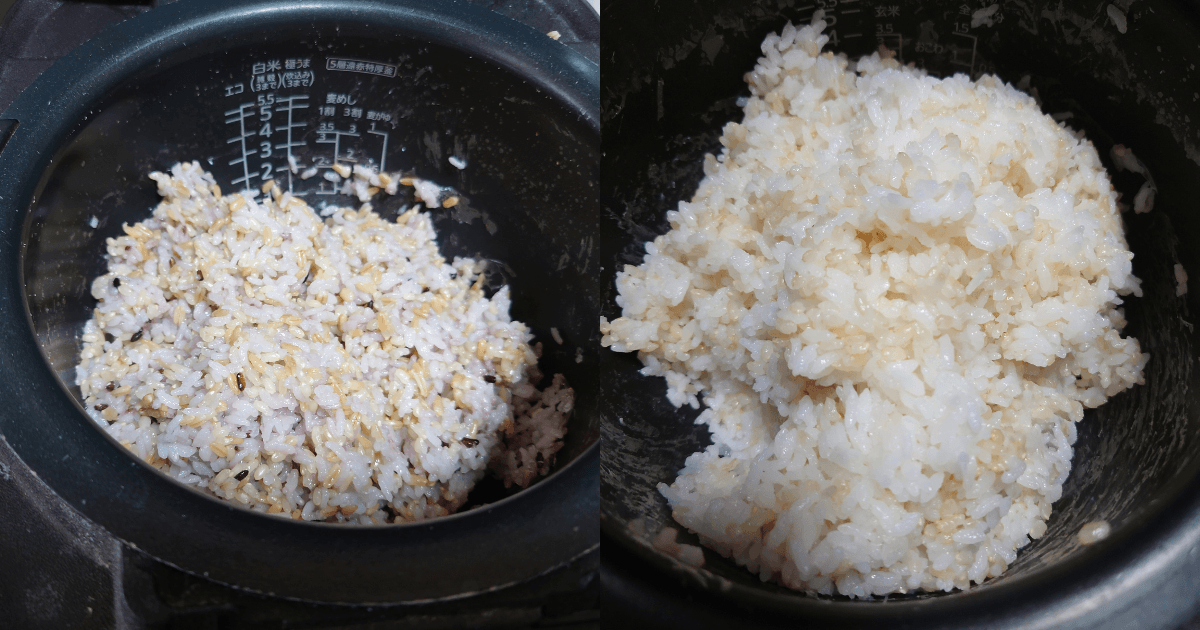 玄米と白米を混ぜて炊いたご飯の割合による炊き上がりの違いを比較