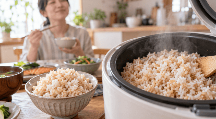 炊飯器で炊いた玄米と白米の混ぜご飯を味わう女性
