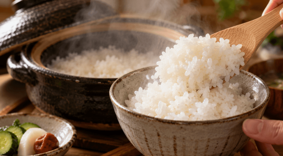 土鍋で炊いたつやのある白米を茶碗によそう様子
