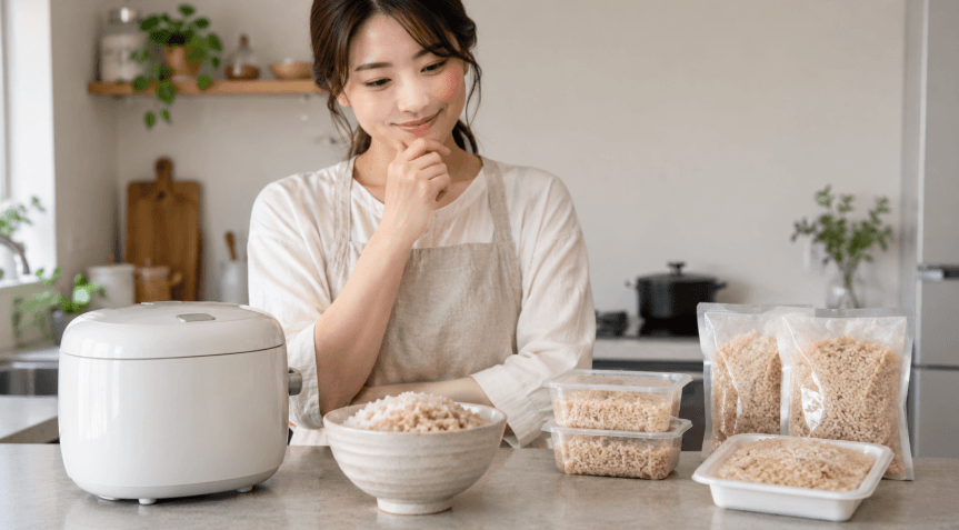 炊飯器や加工玄米など手軽な玄米の食べ方を選ぶ女性