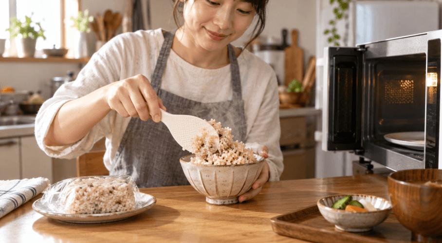 冷凍した玄米入りご飯を電子レンジで温めて茶碗によそう様子