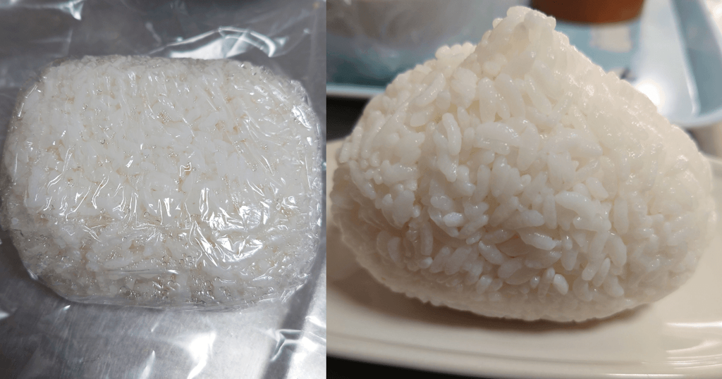 きらら397のご飯をラップで保存した様子とおにぎりにした様子