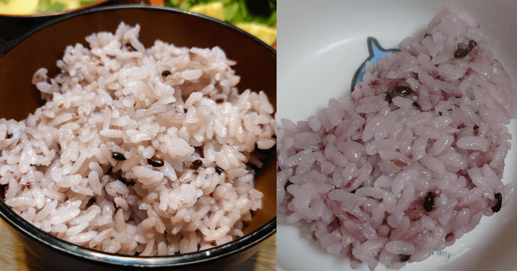 黒米を混ぜて炊いた淡い紫色のご飯を器に盛った様子