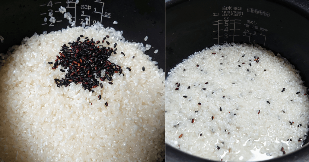 白米に黒米を混ぜて水を加えた炊飯前の状態