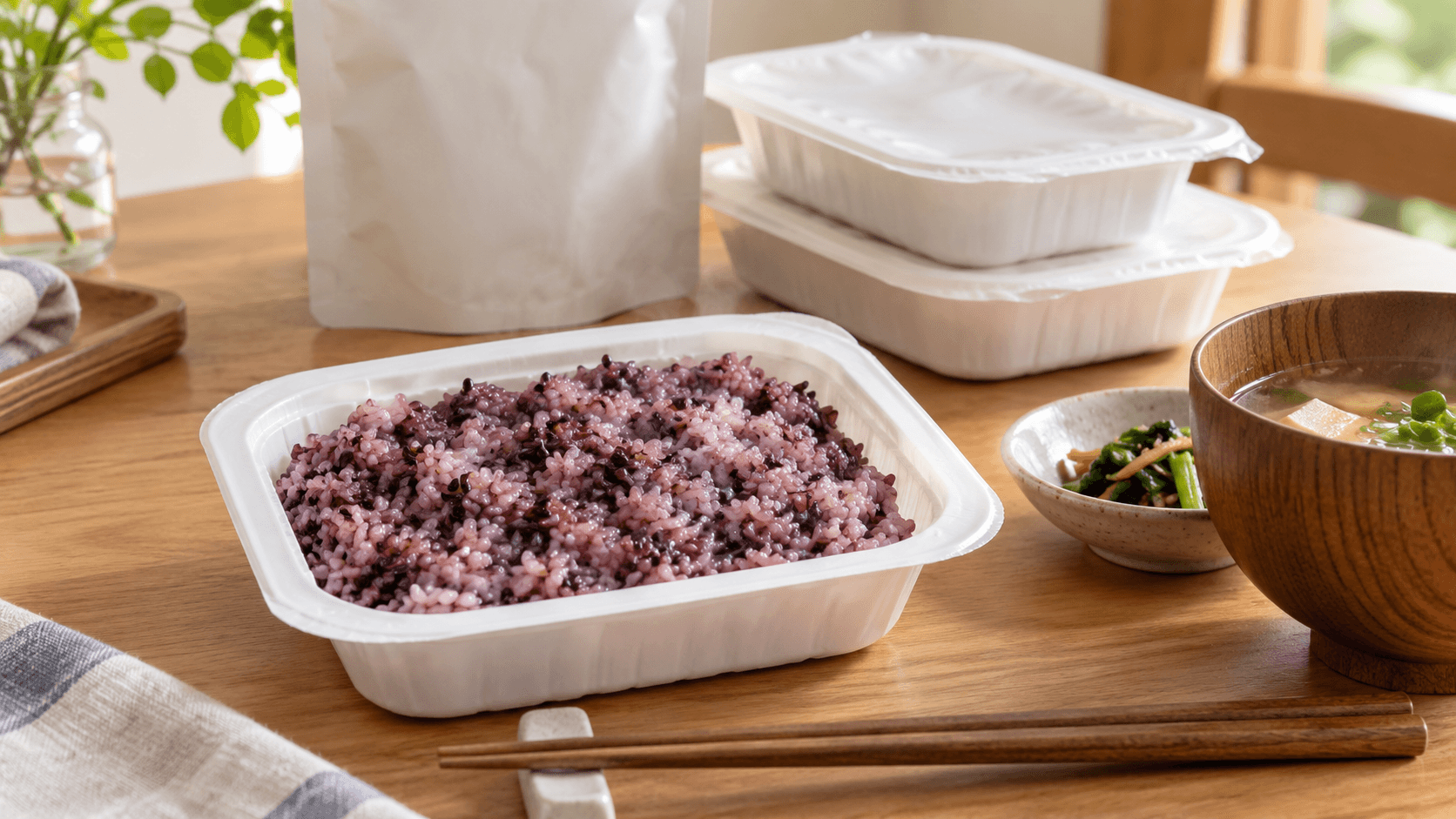 黒米入りパックご飯を汁物や副菜と一緒に並べた食卓