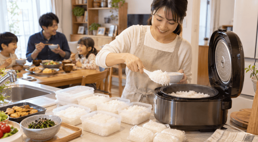 一升炊き炊飯器で大家族の食事と冷凍用ご飯をまとめて準備する女性