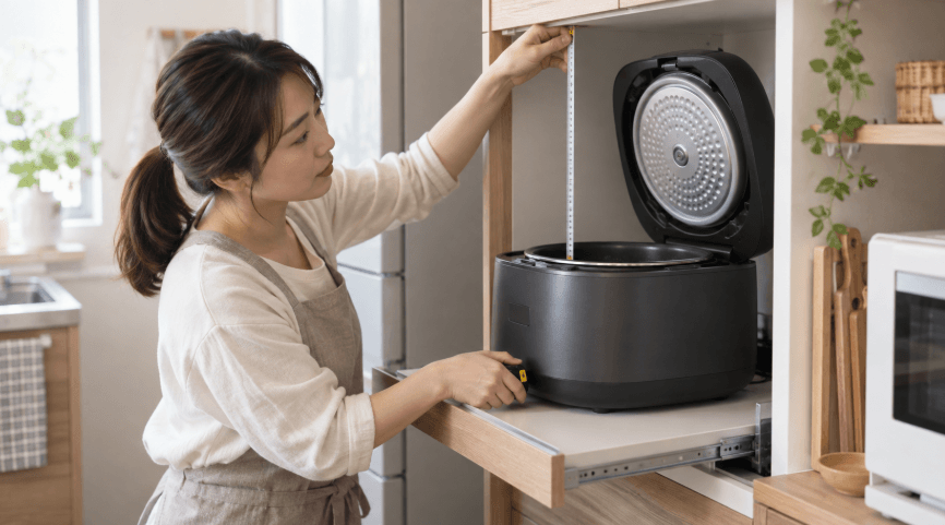一升炊き炊飯器を置くレンジボードの高さと設置スペースを測る女性