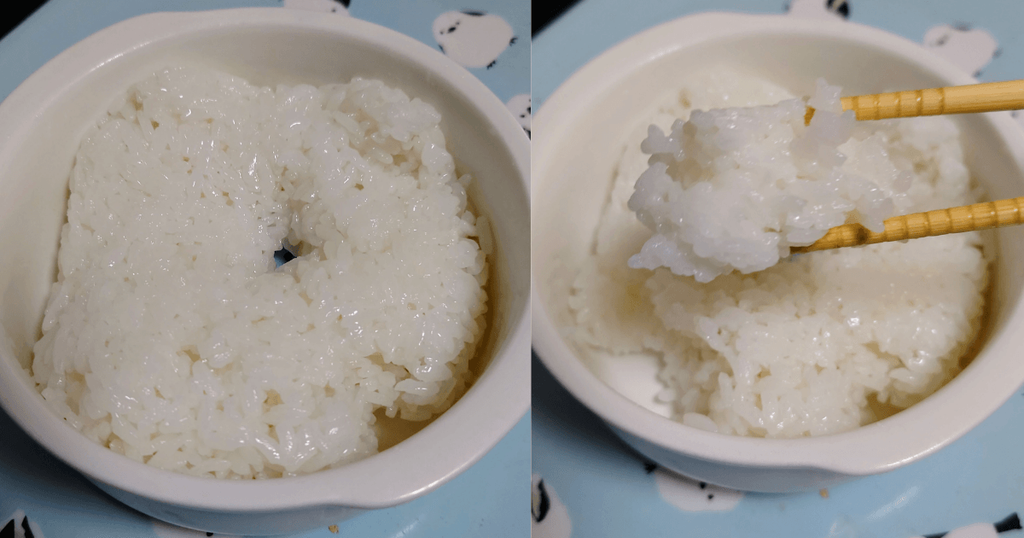 宮城県産つや姫を箸で持ち上げて粒のほぐれやすさを確認する様子