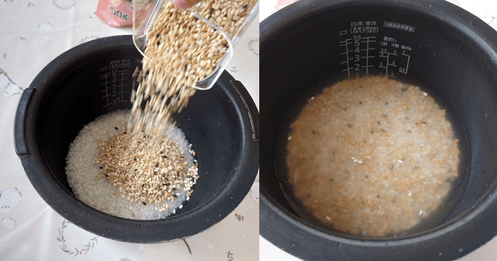 白米にもち玄米を加えて炊飯器で炊く前の様子