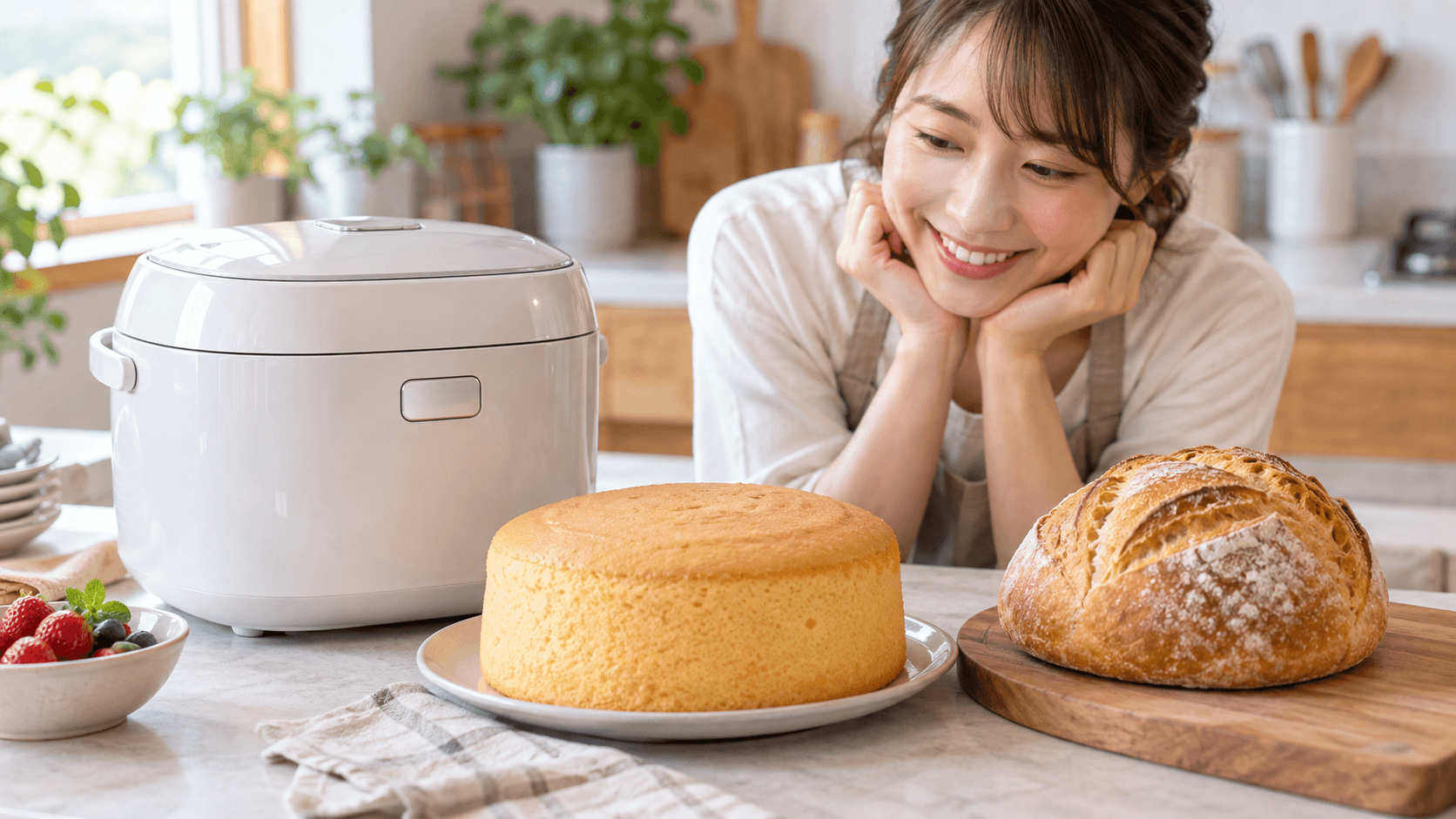 炊飯器の横に焼き上がったスポンジケーキと丸形パン