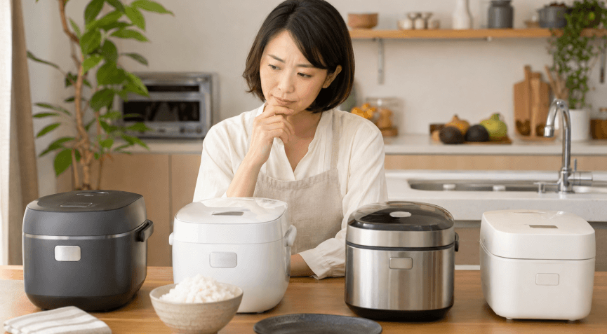 圧力IH炊飯器で炊いたふっくらした白ご飯を見る女性