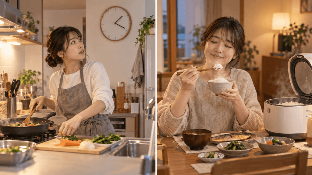 忙しい日と時間に余裕がある日で炊飯器の炊き方を使い分ける女性