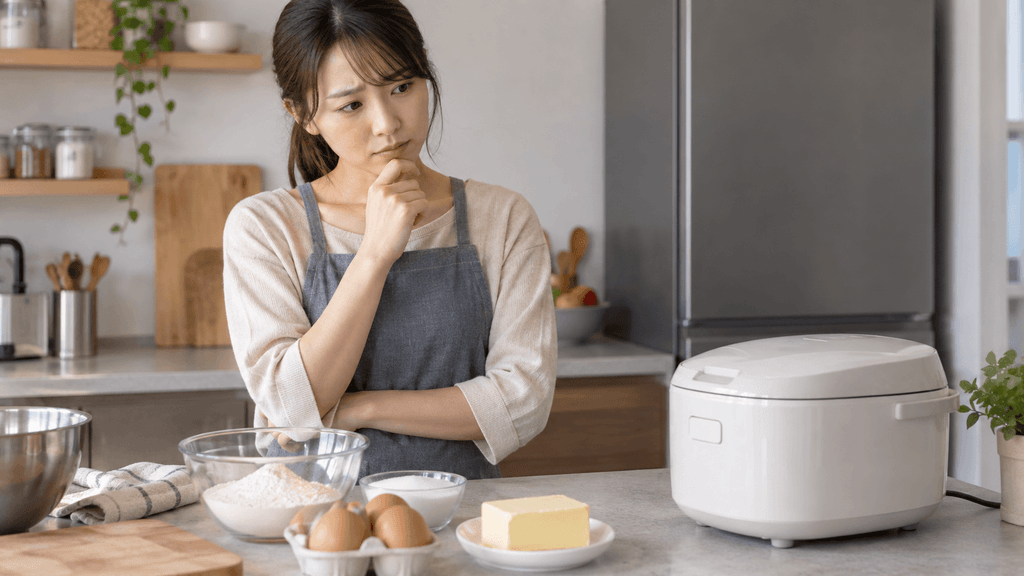 ケーキモードが見当たらない炊飯器を確認する女性
