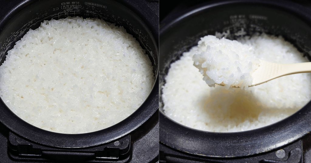 炊飯器で炊き上がったつきあかりをしゃもじですくった様子