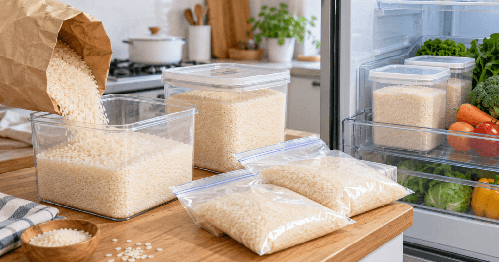 10kgのお米を密閉容器や食品保存袋に小分けして冷蔵庫で保存する様子