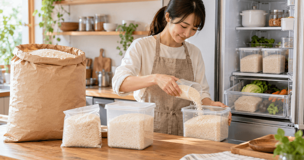 農家直送でまとめ買いしたお米を保存容器に小分けし、冷蔵庫で保管する女性