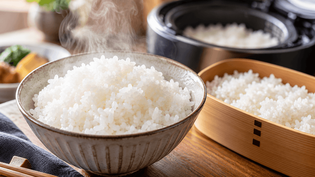 湯気が立つツヤのある炊きたてご飯と木製のお弁当箱に盛った白米