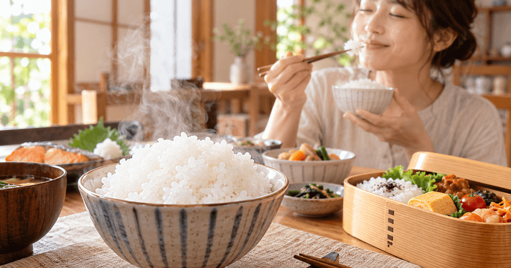 ツヤのある炊きたてご飯と和食のおかず、お弁当を楽しむ日本人女性