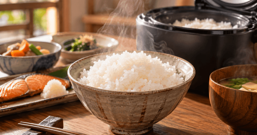 炊きたてのツヤのある白ご飯と焼き鮭や味噌汁を並べた和食の食卓