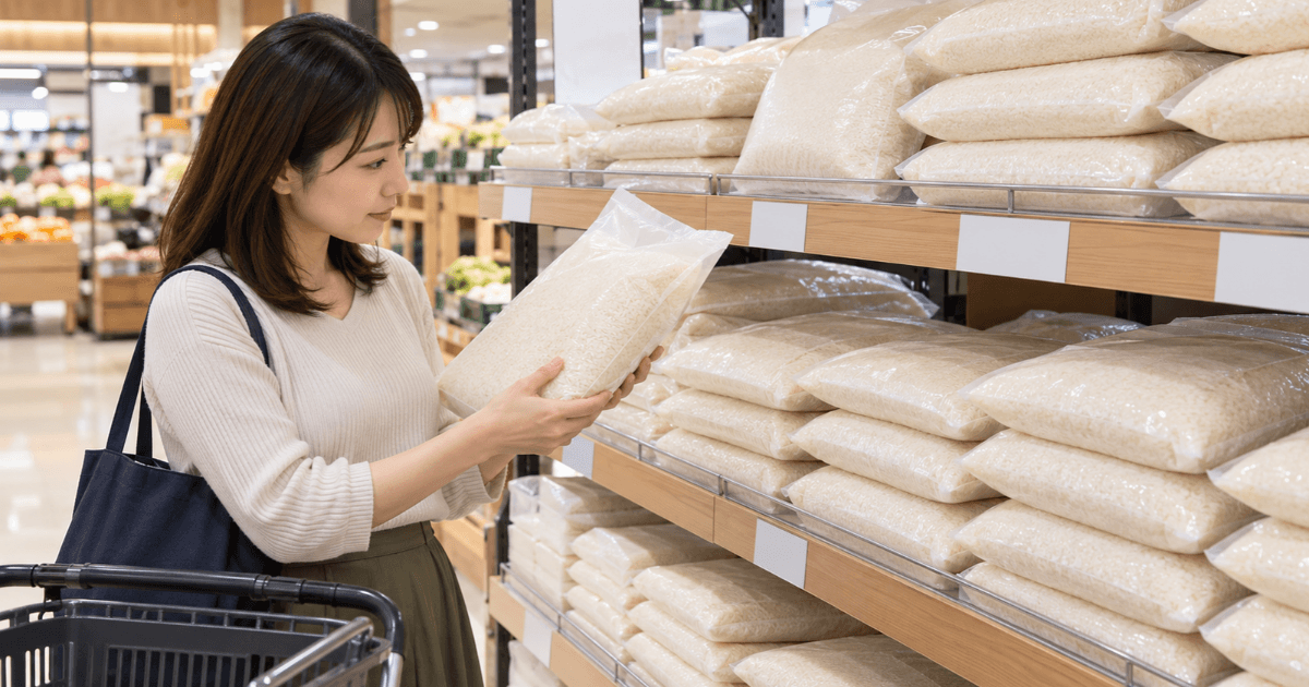 スーパーの米売り場で袋入りのお米を手に取り、商品を比較する女性