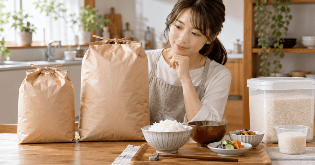 大小2つの米袋と米びつを前に購入量を考える日本人女性と炊きたてご飯