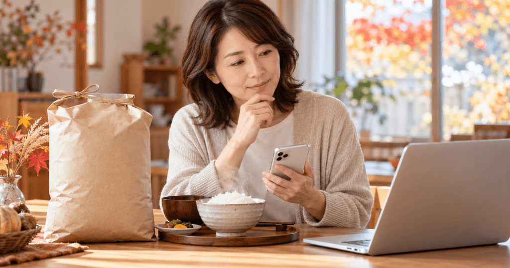 ゆめぴりかの新米予約をスマートフォンで調べる日本人女性と米袋、炊きたてご飯