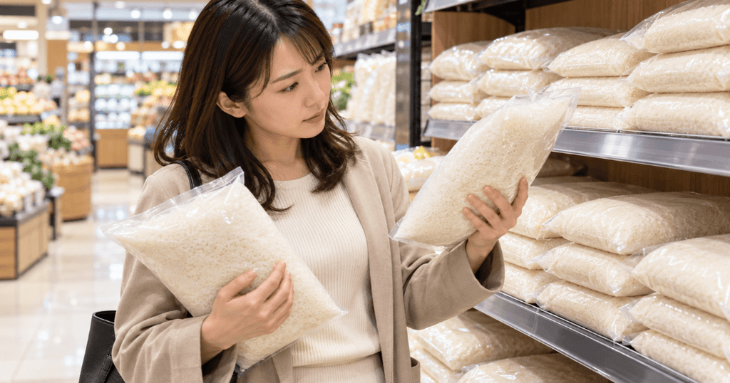 スーパーのお米売り場で2袋のお米を手に取り比較する日本人女性