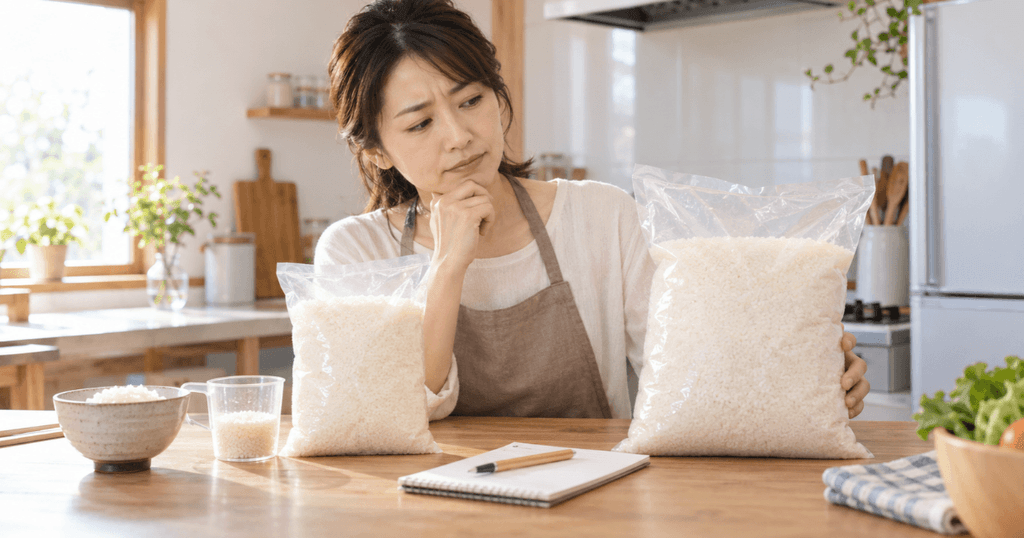 少量のお米と大袋を比較しながら購入する容量を考える日本人女性