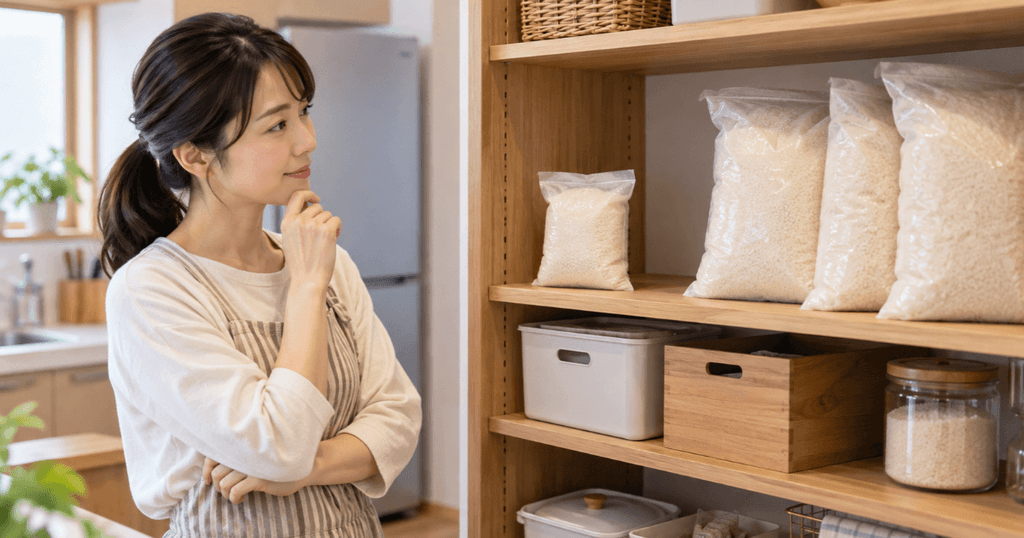 ゆめぴりかの返礼品を保管するため米袋の容量と収納スペースを確認する女性